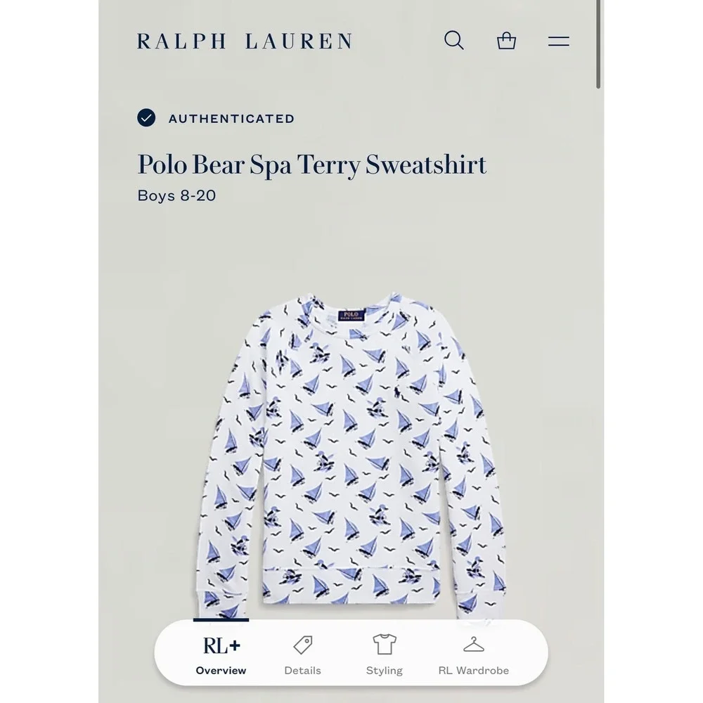 Polo Ralph Lauren Boys Spa Terry Sweatshirt White Blue Sailboats Bear Sz M 10-12